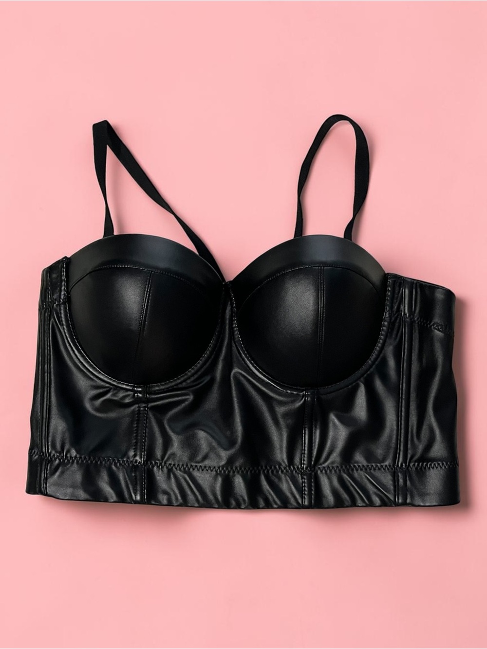 Longline Faux Leather Bustier Bra - Black